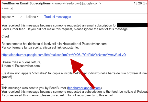 Ecco l'email che vi arriverà per confermare l'iscrizione.